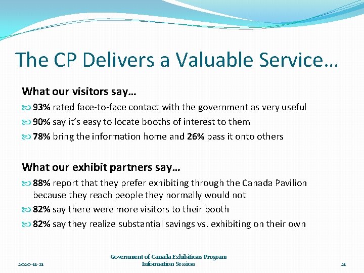 The CP Delivers a Valuable Service… What our visitors say… 93% rated face-to-face contact