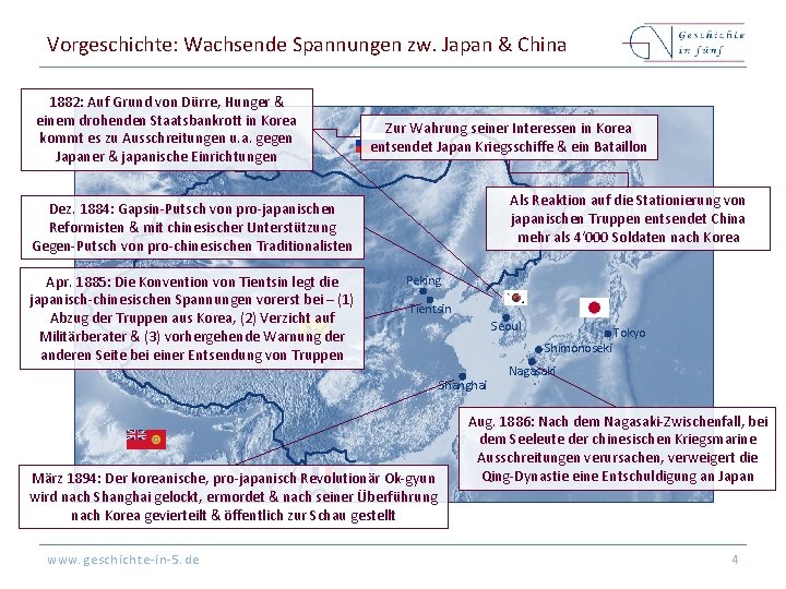 Vorgeschichte: Wachsende Spannungen zw. Japan & China 1882: Auf Grund von Dürre, Hunger &