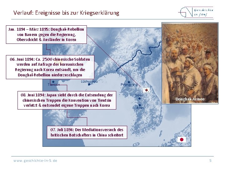 Verlauf: Ereignisse bis zur Kriegserklärung Jan. 1894 – März 1895: Donghak-Rebellion von Bauern gegen