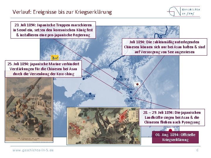 Verlauf: Ereignisse bis zur Kriegserklärung 23. Juli 1894: Japanische Truppen marschieren in Seoul ein,