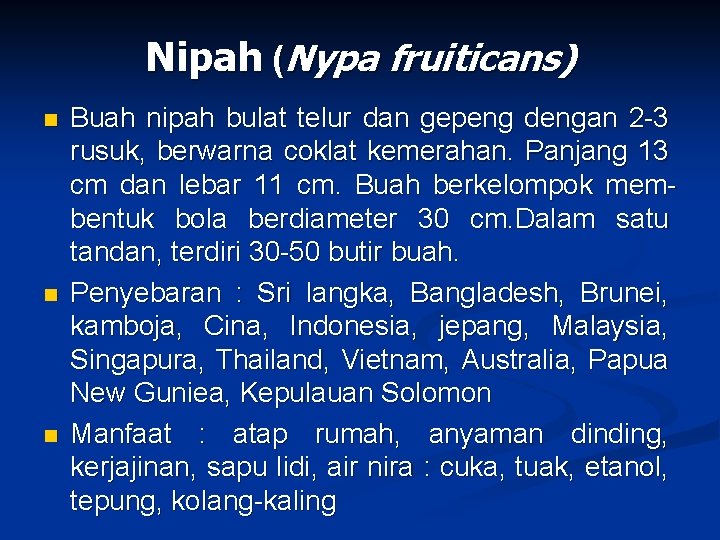 Nipah (Nypa fruiticans) n n n Buah nipah bulat telur dan gepeng dengan 2