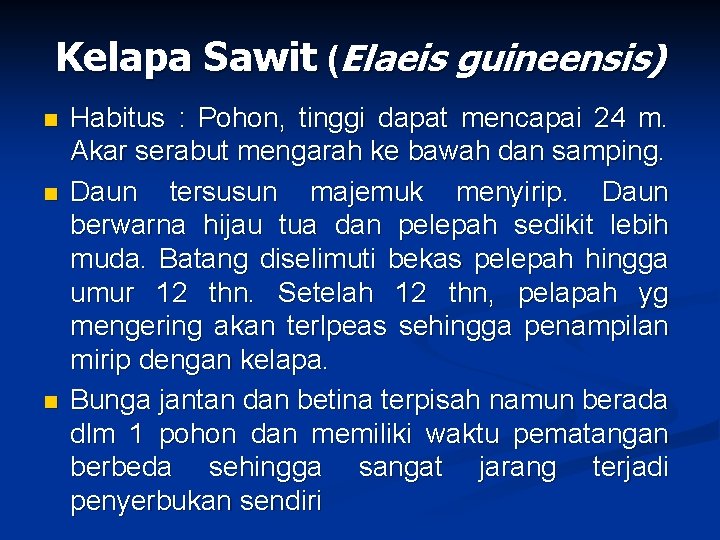Kelapa Sawit (Elaeis guineensis) n n n Habitus : Pohon, tinggi dapat mencapai 24