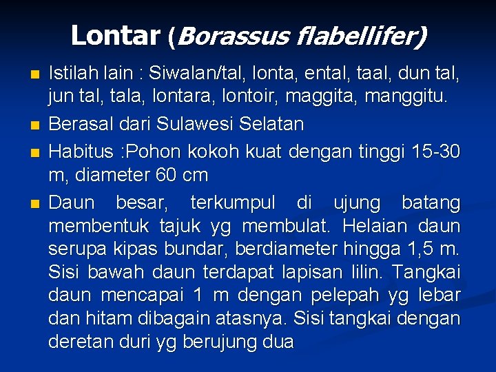 Lontar (Borassus flabellifer) n n Istilah lain : Siwalan/tal, lonta, ental, taal, dun tal,
