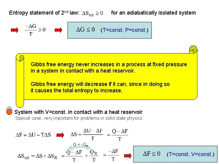 Entropy statement of 2 nd law: for an adiabatically isolated system (T=const, P=const. )