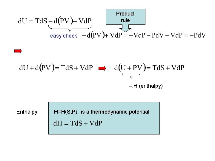 Product rule easy check: =: H (enthalpy) Enthalpy H=H(S, P) is a thermodynamic potential