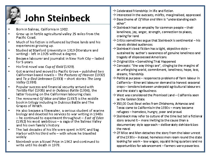 John Steinbeck • • • Born in Salinas, California in 1902. Grew up in