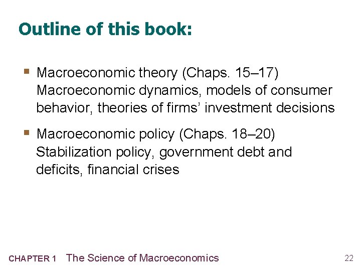 Outline of this book: § Macroeconomic theory (Chaps. 15– 17) Macroeconomic dynamics, models of