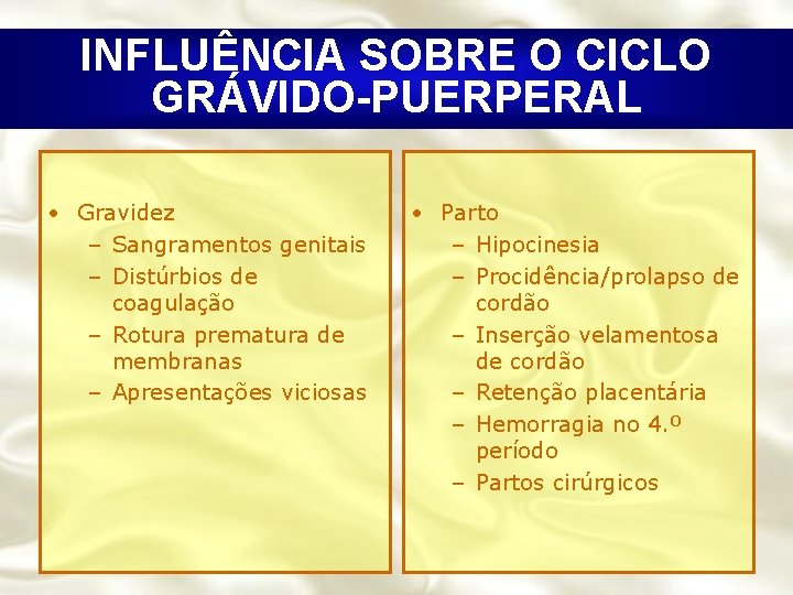 INFLUÊNCIA SOBRE O CICLO GRÁVIDO-PUERPERAL • Gravidez – Sangramentos genitais – Distúrbios de coagulação