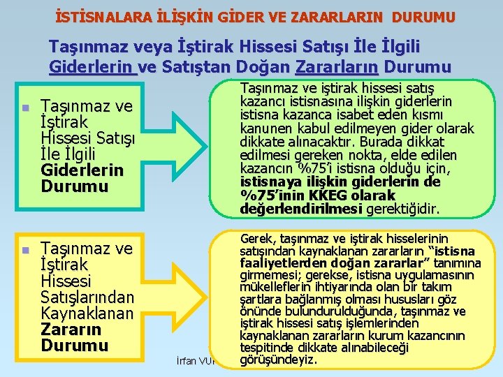 İSTİSNALARA İLİŞKİN GİDER VE ZARARLARIN DURUMU Taşınmaz veya İştirak Hissesi Satışı İle İlgili Giderlerin