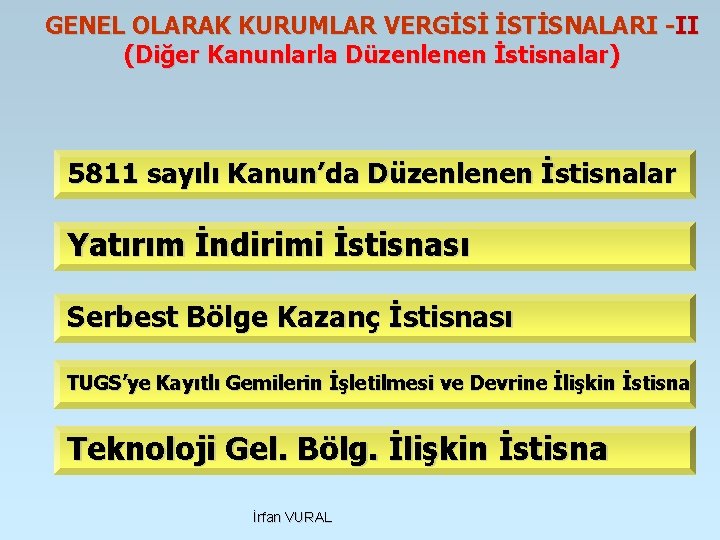 GENEL OLARAK KURUMLAR VERGİSİ İSTİSNALARI -II (Diğer Kanunlarla Düzenlenen İstisnalar) 5811 sayılı Kanun’da Düzenlenen