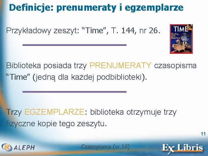 Definicje: prenumeraty i egzemplarze Przykładowy zeszyt: “Time”, T. 144, nr 26. Biblioteka posiada trzy