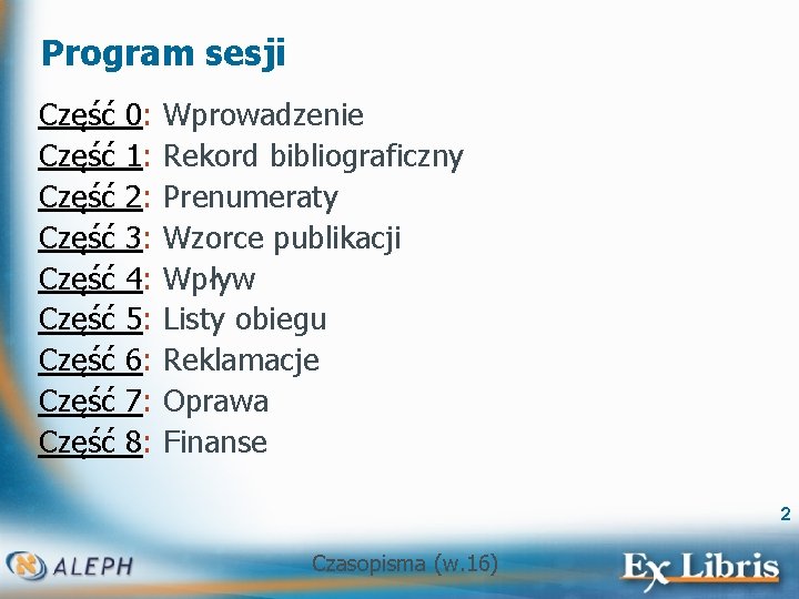 Program sesji Część Część Część 0: 1: 2: 3: 4: 5: 6: 7: 8: