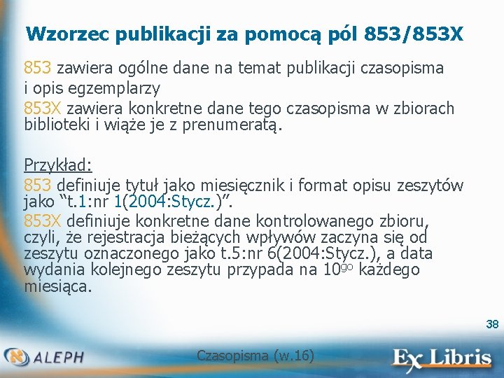 Wzorzec publikacji za pomocą pól 853/853 X 853 zawiera ogólne dane na temat publikacji