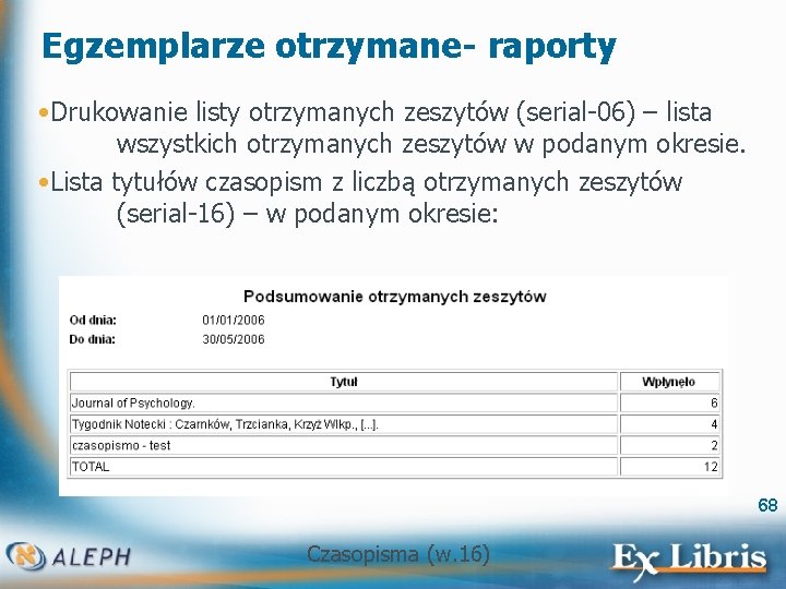 Egzemplarze otrzymane- raporty • Drukowanie listy otrzymanych zeszytów (serial-06) – lista wszystkich otrzymanych zeszytów