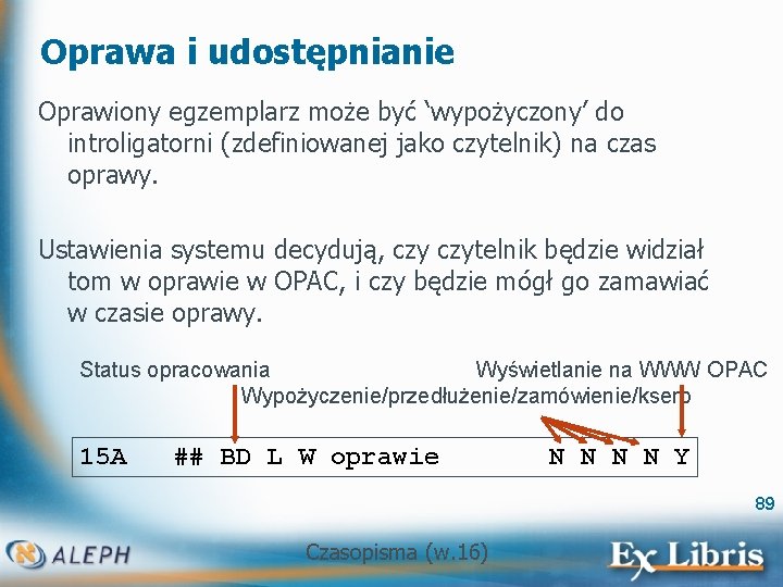 Oprawa i udostępnianie Oprawiony egzemplarz może być ‘wypożyczony’ do introligatorni (zdefiniowanej jako czytelnik) na