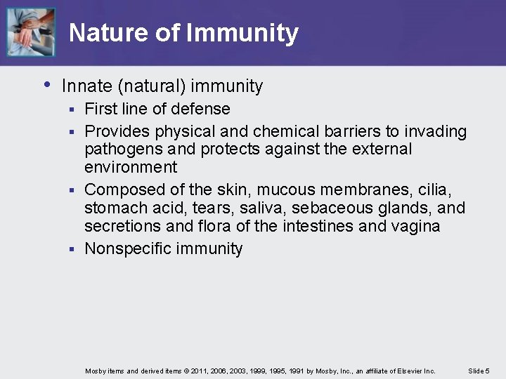 Nature of Immunity • Innate (natural) immunity First line of defense § Provides physical