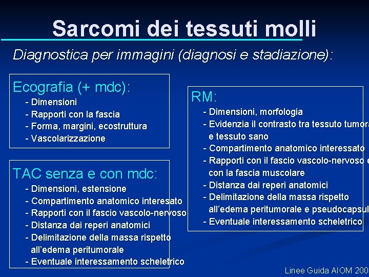Sarcomi dei tessuti molli Diagnostica per immagini (diagnosi e stadiazione): Ecografia (+ mdc): - Sarcomi dei tessuti molli Diagnostica per immagini (diagnosi e stadiazione): Ecografia (+ mdc): -