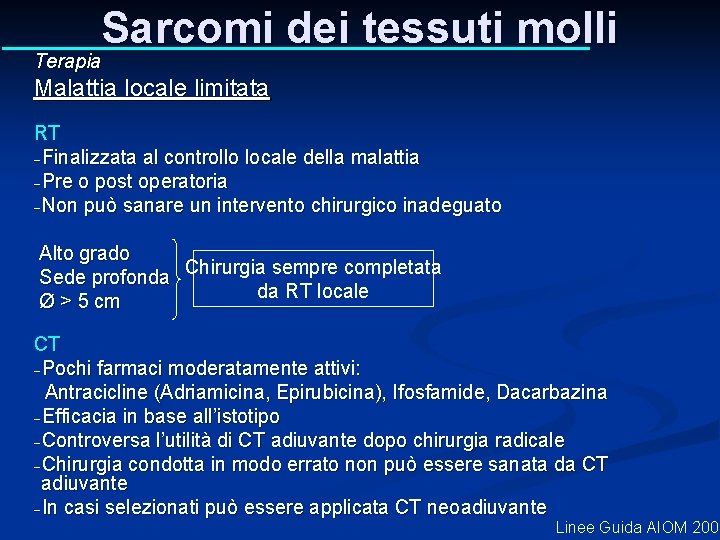 Sarcomi dei tessuti molli Terapia Malattia locale limitata RT -Finalizzata al controllo locale della Sarcomi dei tessuti molli Terapia Malattia locale limitata RT -Finalizzata al controllo locale della
