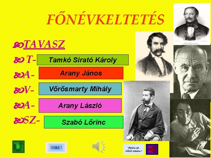 FŐNÉVKELTETÉS TAVASZ T- Tamkó Sirató Károly Arany János A V- Vörösmarty Mihály Arany László