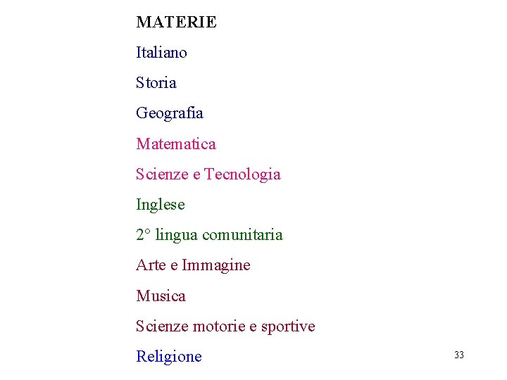 MATERIE Italiano Storia Geografia Matematica Scienze e Tecnologia Inglese 2° lingua comunitaria Arte e MATERIE Italiano Storia Geografia Matematica Scienze e Tecnologia Inglese 2° lingua comunitaria Arte e