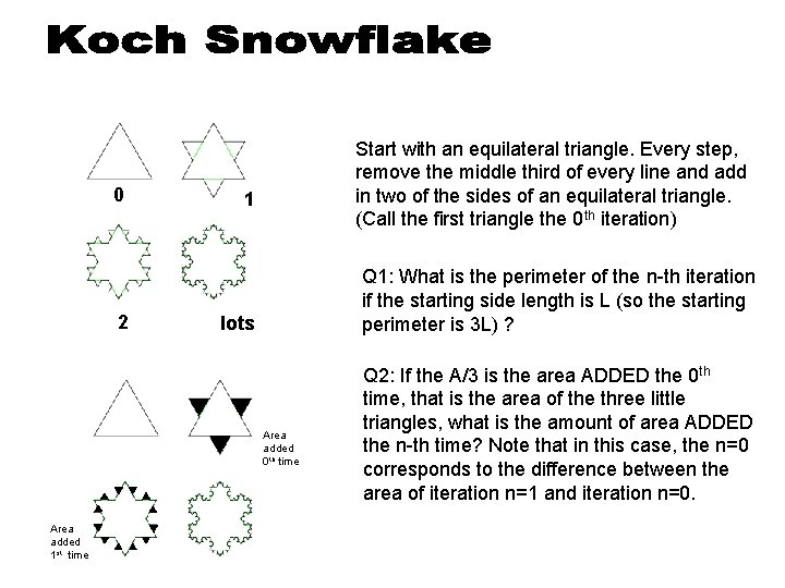 0 2 Start with an equilateral triangle. Every step, remove the middle third of