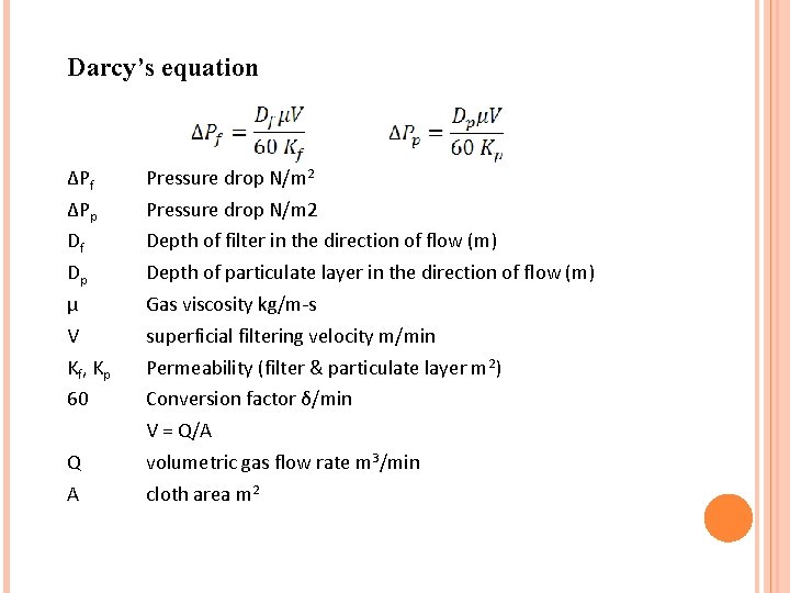 Darcy’s equation ΔPf Pressure drop N/m 2 ΔPp Pressure drop N/m 2 Df Depth Darcy’s equation ΔPf Pressure drop N/m 2 ΔPp Pressure drop N/m 2 Df Depth