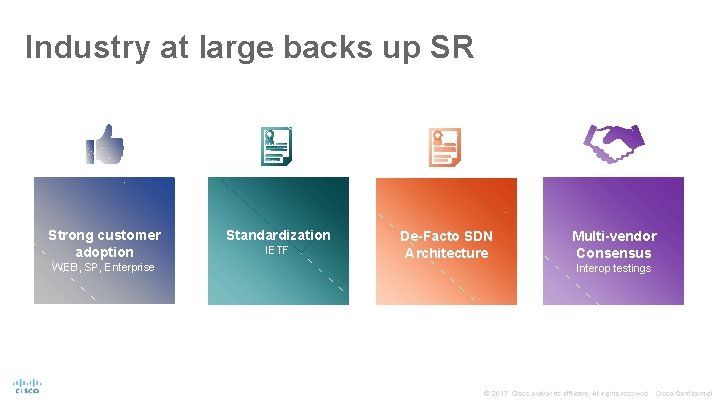 Industry at large backs up SR Strong customer adoption WEB, SP, Enterprise Standardization IETF