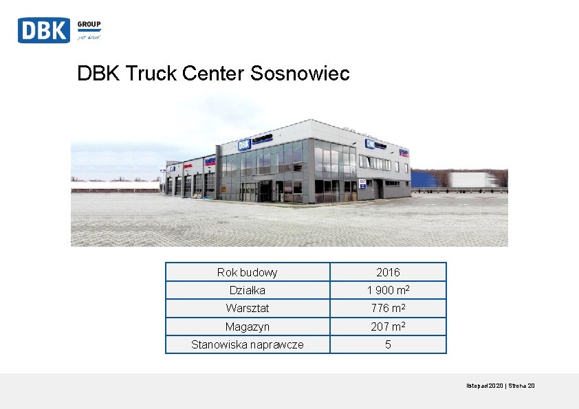 DBK Truck Center Sosnowiec Rok budowy 2016 Działka 1 900 m 2 Warsztat 776 DBK Truck Center Sosnowiec Rok budowy 2016 Działka 1 900 m 2 Warsztat 776