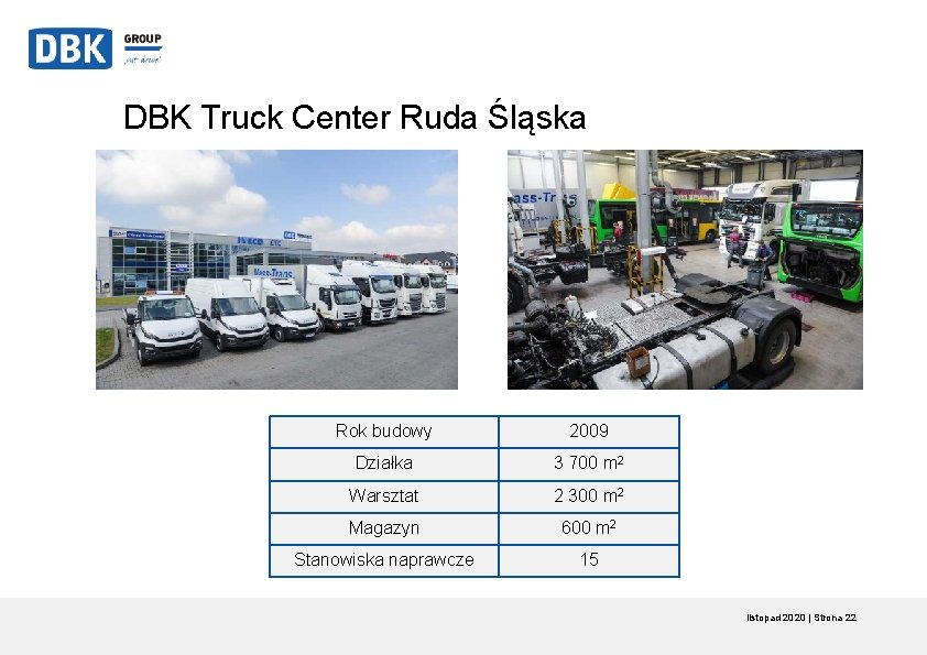 DBK Truck Center Ruda Śląska Rok budowy 2009 Działka 3 700 m 2 Warsztat DBK Truck Center Ruda Śląska Rok budowy 2009 Działka 3 700 m 2 Warsztat