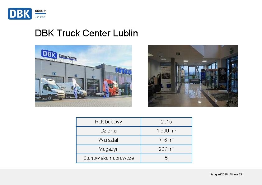 DBK Truck Center Lublin Rok budowy 2015 Działka 1 900 m 2 Warsztat 776 DBK Truck Center Lublin Rok budowy 2015 Działka 1 900 m 2 Warsztat 776