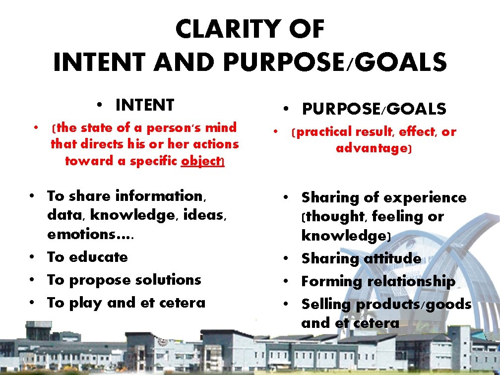 CLARITY OF INTENT AND PURPOSE/GOALS • INTENT • (the state of a person's mind