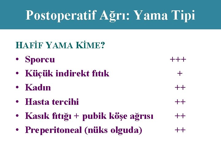 Postoperatif Ağrı: Yama Tipi HAFİF YAMA KİME? • Sporcu • Küçük indirekt fıtık •