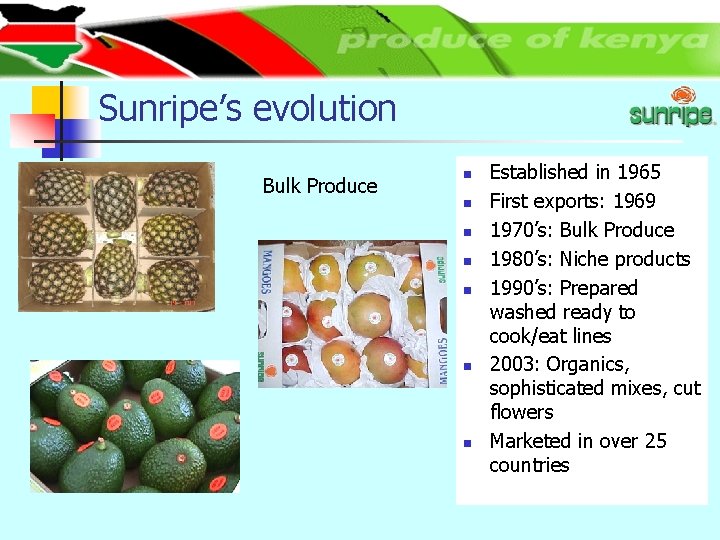 Sunripe’s evolution Bulk Produce n n n n Established in 1965 First exports: 1969