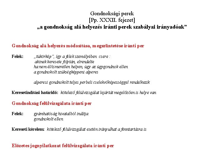 Gondnoksági perek [Pp. XXXII. fejezet] „a gondnokság alá helyezés iránti perek szabályai irányadóak” Gondnokság