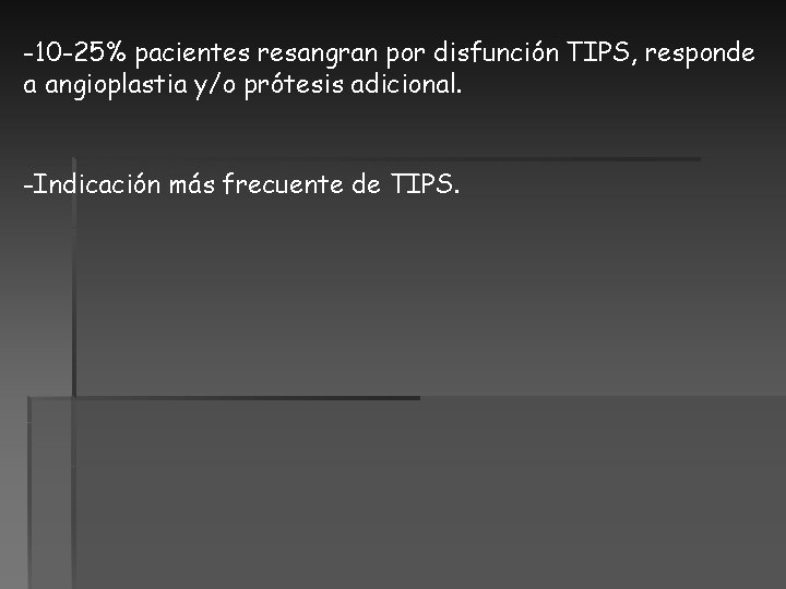 -10 -25% pacientes resangran por disfunción TIPS, responde a angioplastia y/o prótesis adicional. -Indicación -10 -25% pacientes resangran por disfunción TIPS, responde a angioplastia y/o prótesis adicional. -Indicación