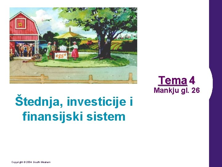 Tema 4 Štednja, investicije i finansijski sistem Copyright © 2004 South-Western Mankju gl. 26