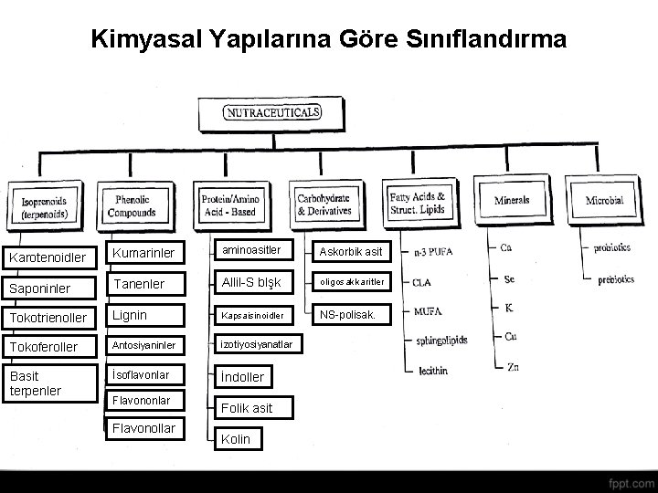 Kimyasal Yapılarına Göre Sınıflandırma Karotenoidler Kumarinler aminoasitler Askorbik asit Saponinler Tanenler Allil-S blşk oligosakkaritler