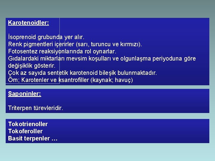 Karotenoidler: İsoprenoid grubunda yer alır. Renk pigmentleri içerirler (sarı, turuncu ve kırmızı). Fotosentez reaksiyonlarında