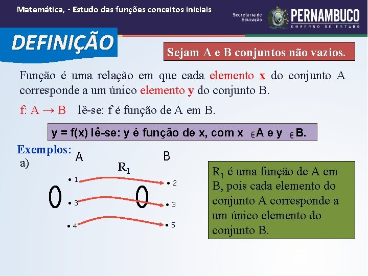 Matemática, - Estudo das funções conceitos iniciais DEFINIÇÃO Sejam A e B conjuntos não