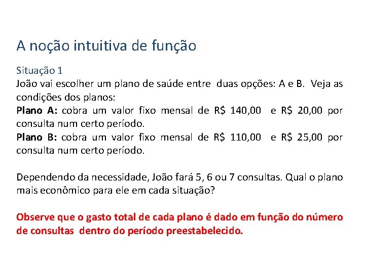 Matemática, 1º Ano, Função: conceito A noção intuitiva de função Situação 1 João vai