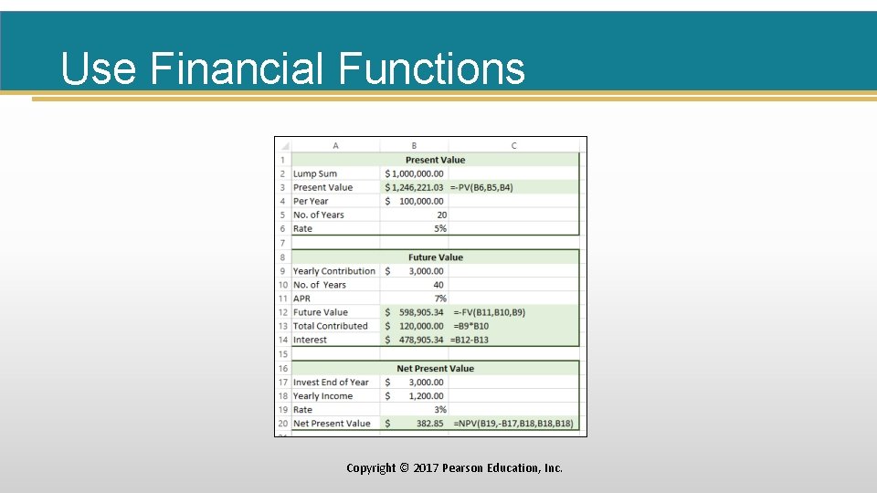 Use Financial Functions Copyright © 2017 Pearson Education, Inc. 