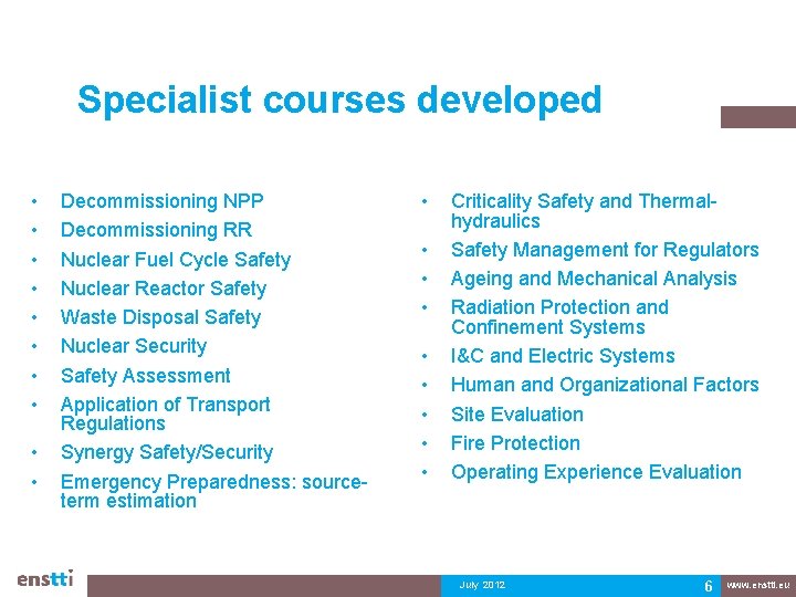 Specialist courses developed • • • Decommissioning NPP Decommissioning RR Nuclear Fuel Cycle Safety Specialist courses developed • • • Decommissioning NPP Decommissioning RR Nuclear Fuel Cycle Safety