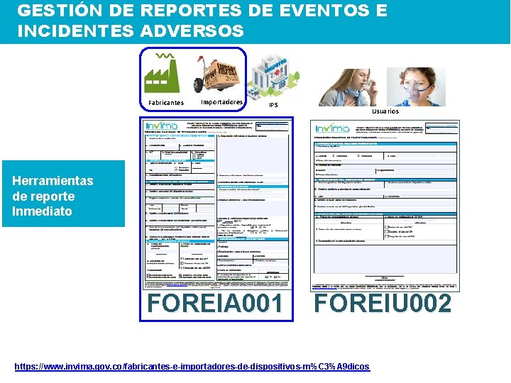 GESTIÓN DE REPORTES DE EVENTOS E INCIDENTES ADVERSOS Fabricantes Importadores IPS Usuarios Herramientas de