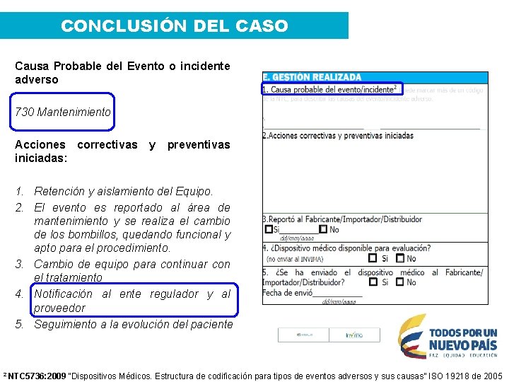 CONCLUSIÓN DEL CASO Causa Probable del Evento o incidente adverso 730 Mantenimiento Acciones correctivas