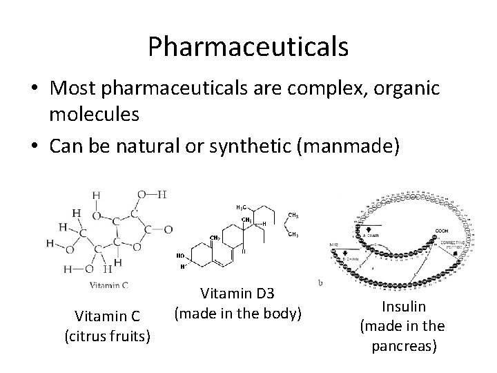 Pharmaceuticals • Most pharmaceuticals are complex, organic molecules • Can be natural or synthetic