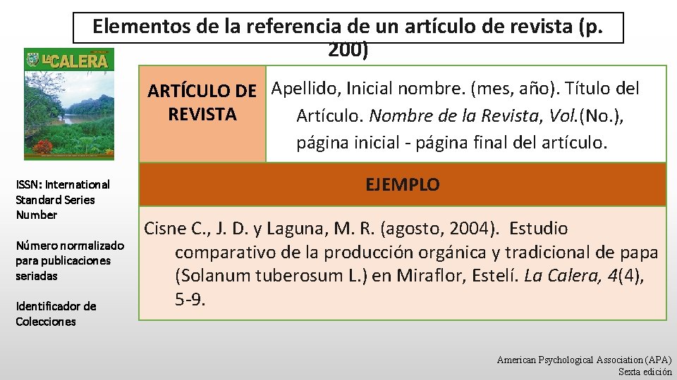 Elementos de la referencia de un artículo de revista (p. 200) ARTÍCULO DE Apellido,