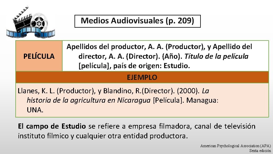 Medios Audiovisuales (p. 209) PELÍCULA Apellidos del productor, A. A. (Productor), y Apellido del