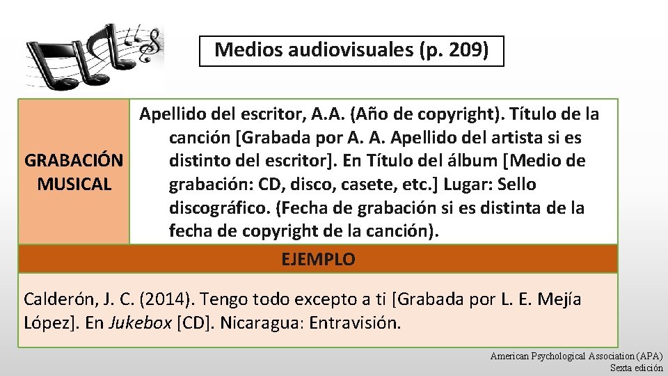 Medios audiovisuales (p. 209) Apellido del escritor, A. A. (Año de copyright). Título de