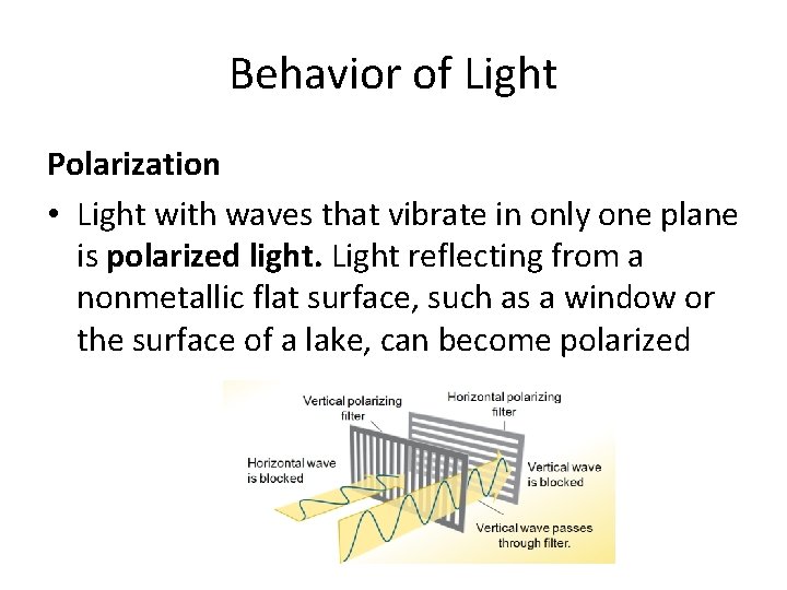 Behavior of Light Polarization • Light with waves that vibrate in only one plane