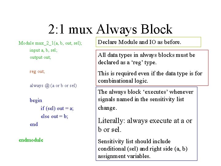 2: 1 mux Always Block Module mux_2_1(a, b, out, sel); input a, b, sel; 2: 1 mux Always Block Module mux_2_1(a, b, out, sel); input a, b, sel;